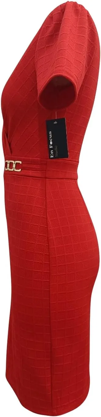 Wrapped Front Gold Buckle Trim Pencil Mini Dress