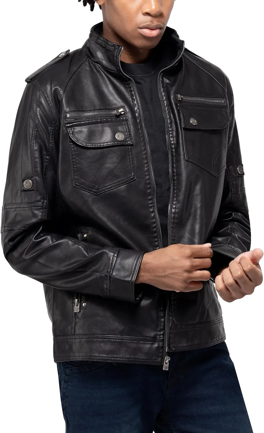 X RAY Mens Faux Leather Jacket with Hood, Hooded Stand Collar PU Leather Jacket for Men, Black, Large