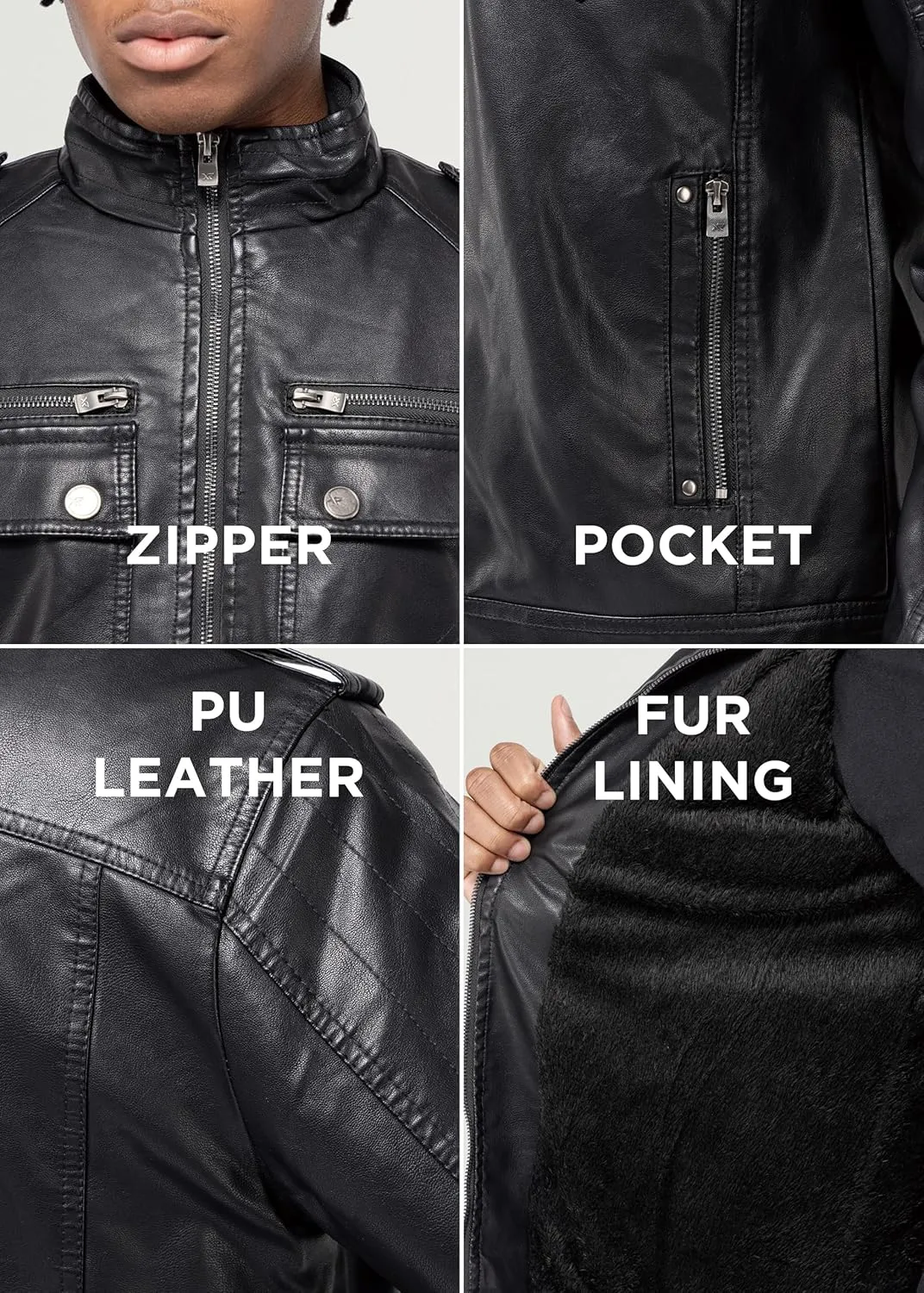 X RAY Mens Faux Leather Jacket with Hood, Hooded Stand Collar PU Leather Jacket for Men, Black, Large