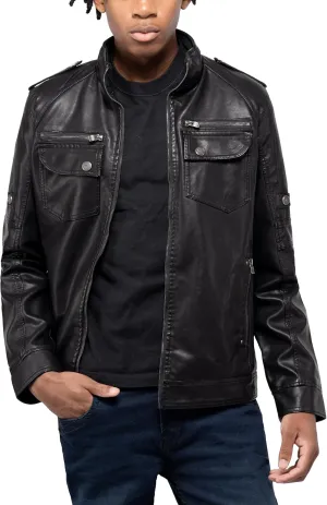 X RAY Mens Faux Leather Jacket with Hood, Hooded Stand Collar PU Leather Jacket for Men, Black, Large