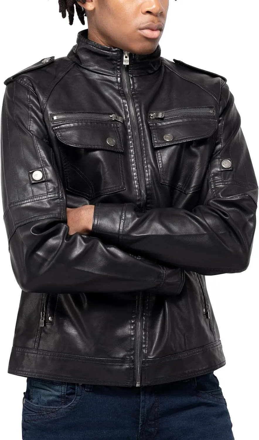 X RAY Mens Faux Leather Jacket with Hood, Hooded Stand Collar PU Leather Jacket for Men, Black, Large