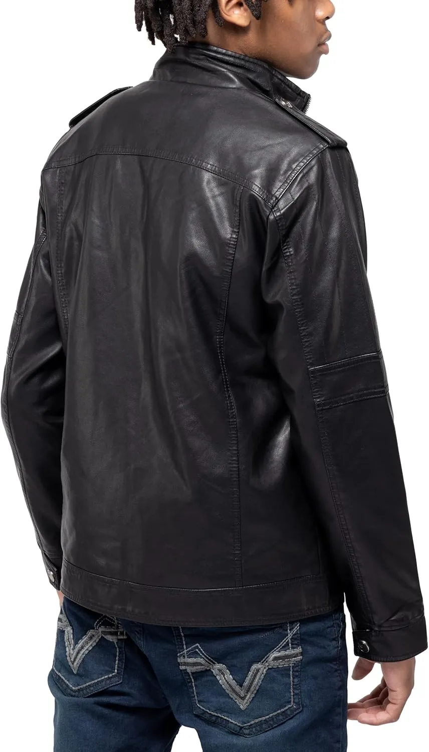 X RAY Mens Faux Leather Jacket with Hood, Hooded Stand Collar PU Leather Jacket for Men, Black, Large
