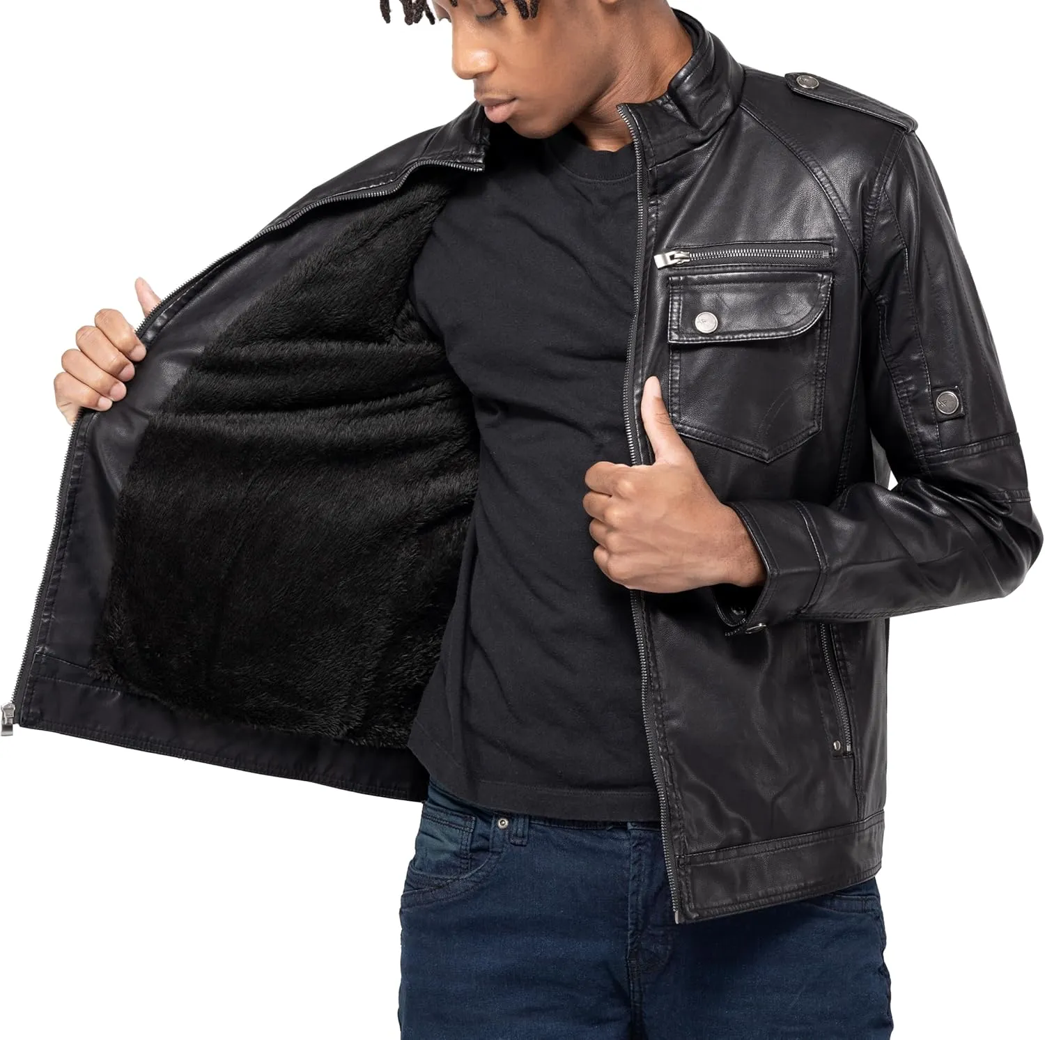 X RAY Mens Faux Leather Jacket with Hood, Hooded Stand Collar PU Leather Jacket for Men, Black, Large