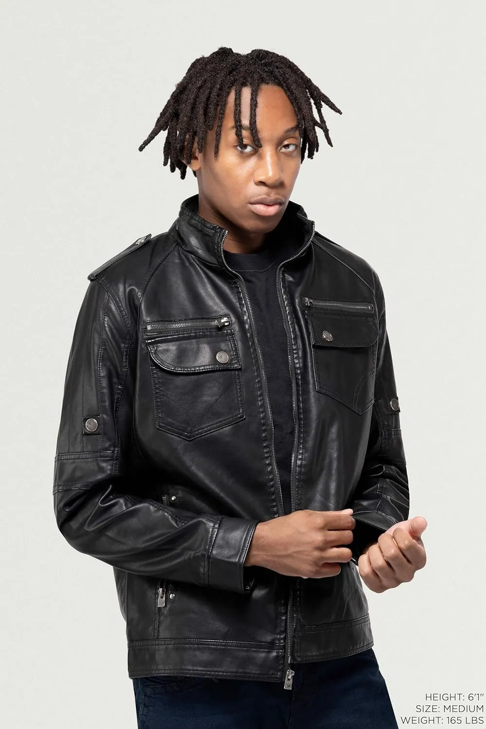 X RAY Mens Faux Leather Jacket with Hood, Hooded Stand Collar PU Leather Jacket for Men, Black, Large