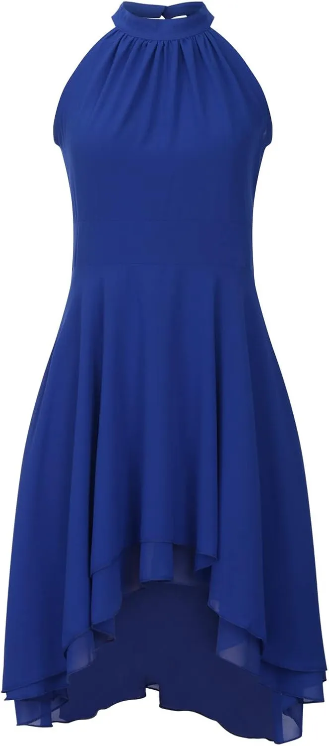 XUNRYAN Women's Classy Halter Neck Chiffon Dress Sexy Cutout Backless High Low Hem Layered Ruffle Formal Cocktail Mini Dress