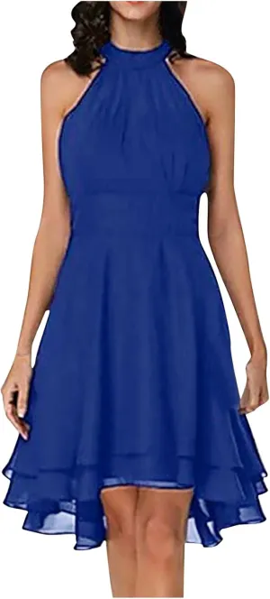 XUNRYAN Women's Classy Halter Neck Chiffon Dress Sexy Cutout Backless High Low Hem Layered Ruffle Formal Cocktail Mini Dress