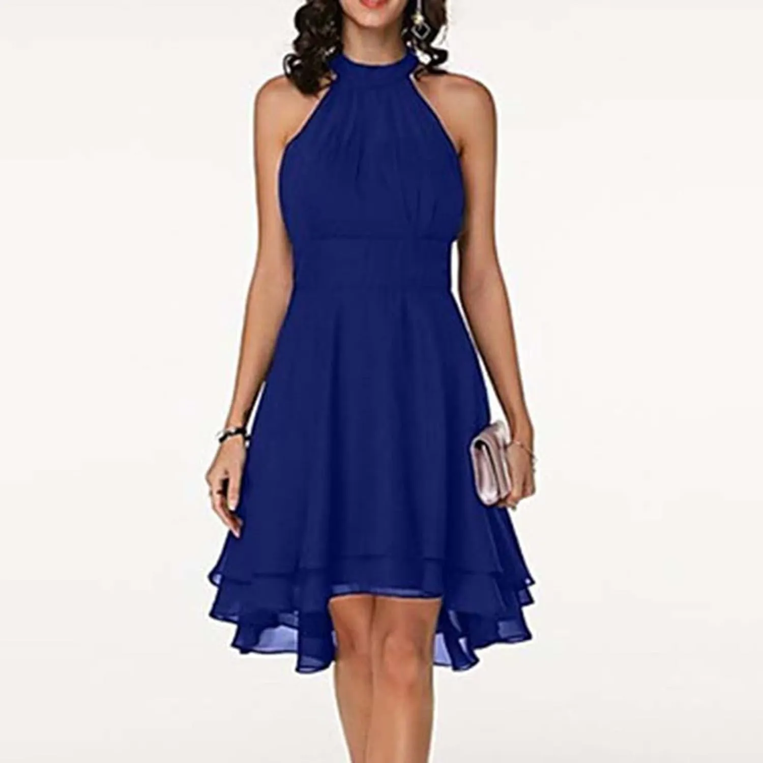 XUNRYAN Women's Classy Halter Neck Chiffon Dress Sexy Cutout Backless High Low Hem Layered Ruffle Formal Cocktail Mini Dress