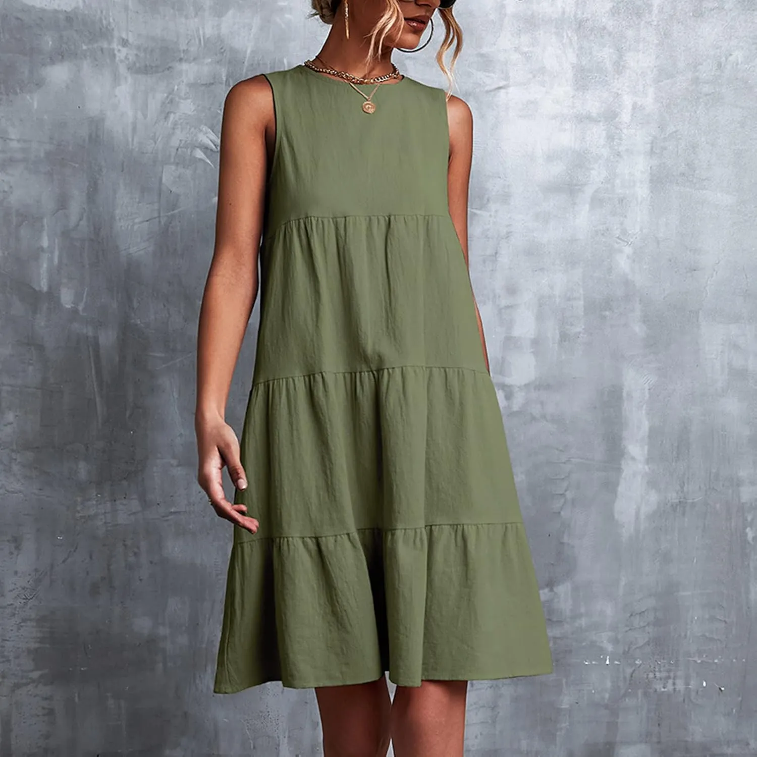 XUNRYAN Women's Summer Casual Tank T Shirt Dresses Loose Fit Sleeveless Tiered Ruffle Babydoll Slip Short Mini Beach Dress