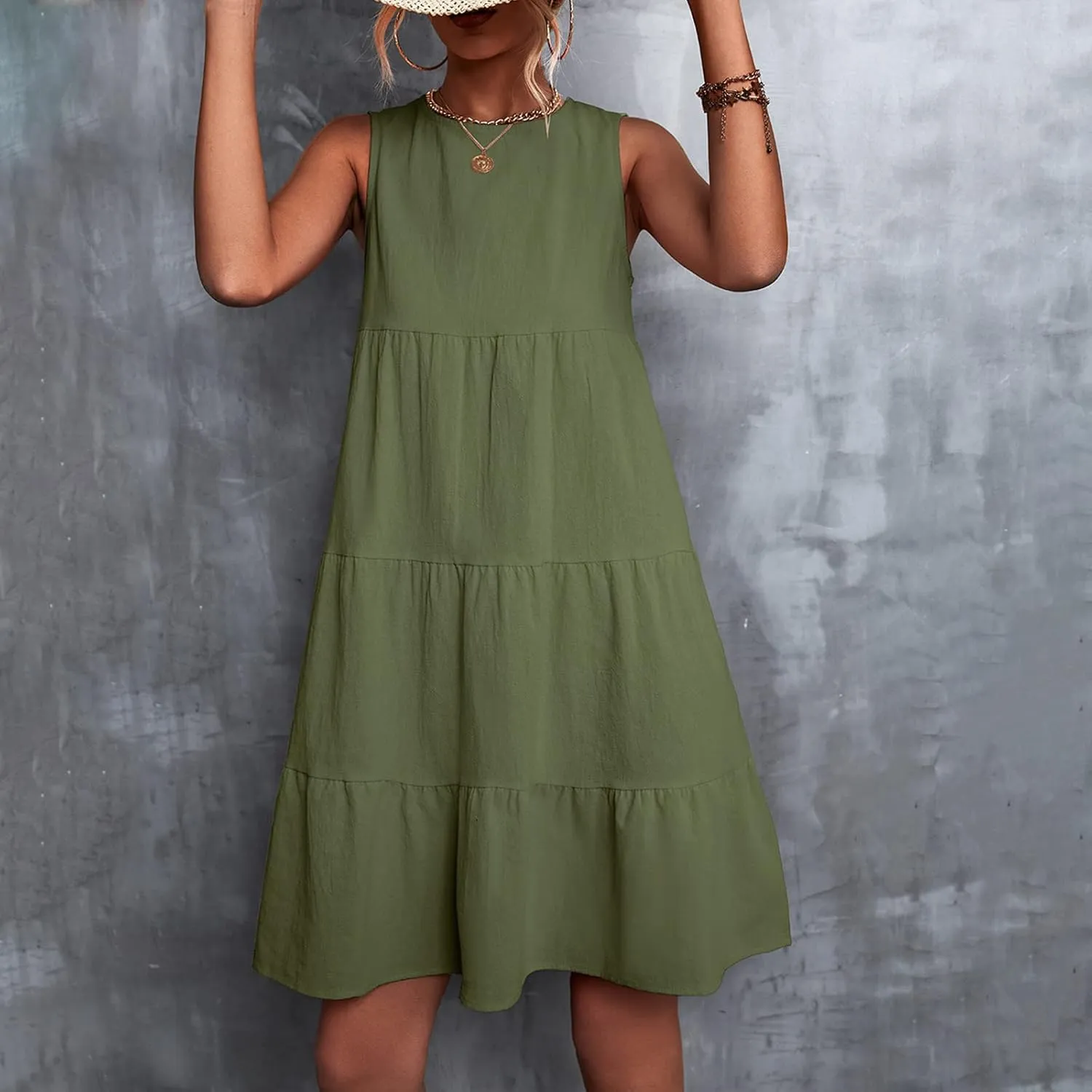 XUNRYAN Women's Summer Casual Tank T Shirt Dresses Loose Fit Sleeveless Tiered Ruffle Babydoll Slip Short Mini Beach Dress