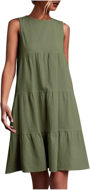 XUNRYAN Women's Summer Casual Tank T Shirt Dresses Loose Fit Sleeveless Tiered Ruffle Babydoll Slip Short Mini Beach Dress