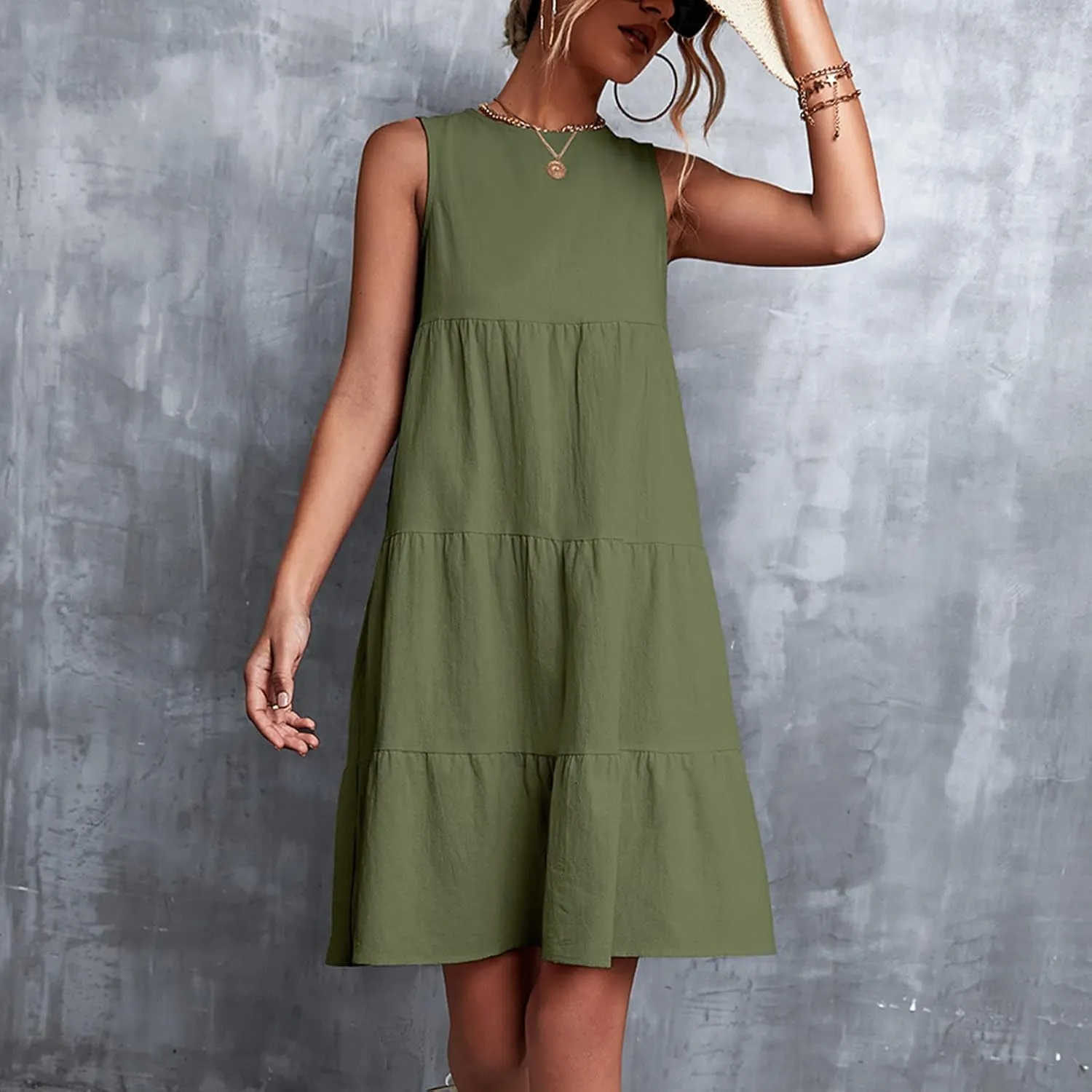 XUNRYAN Women's Summer Casual Tank T Shirt Dresses Loose Fit Sleeveless Tiered Ruffle Babydoll Slip Short Mini Beach Dress
