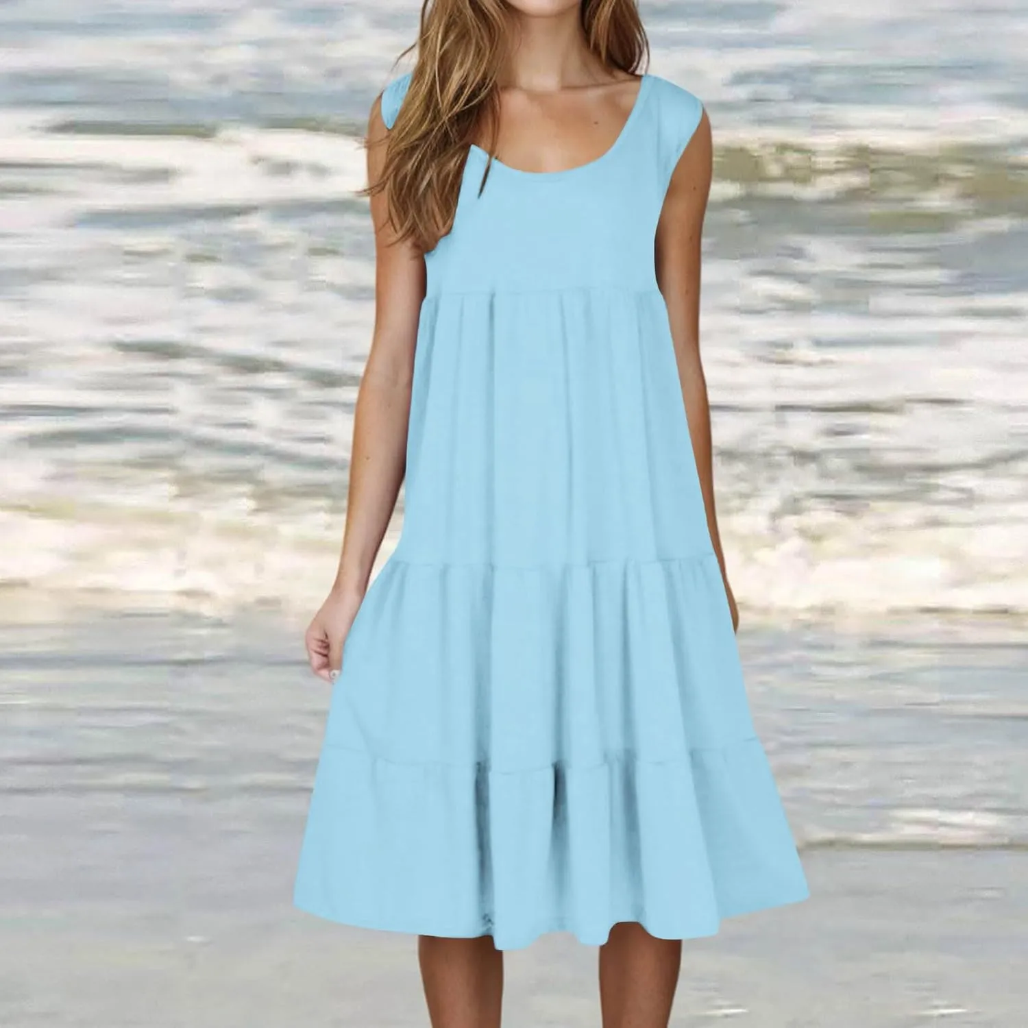 XUNRYAN Womens Tank Dresses Casual Sleeveless Tunic Summer Midi Dress Calf Length Tiered Ruffle Beach Coverup Vacation Outfit