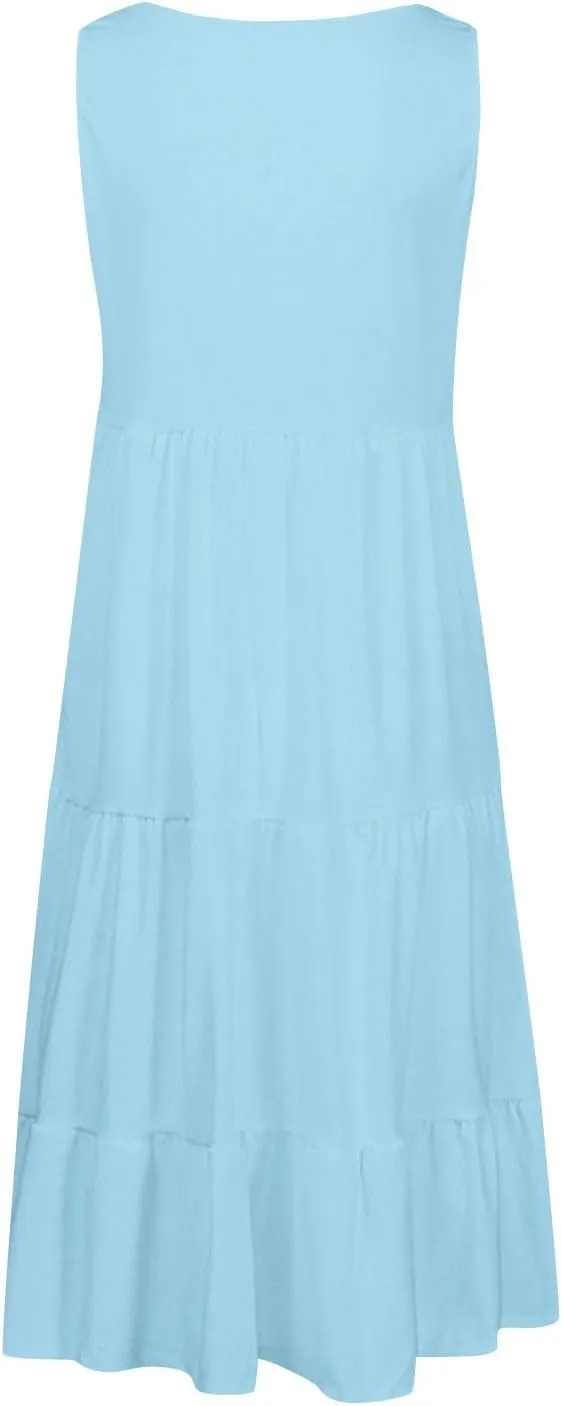 XUNRYAN Womens Tank Dresses Casual Sleeveless Tunic Summer Midi Dress Calf Length Tiered Ruffle Beach Coverup Vacation Outfit