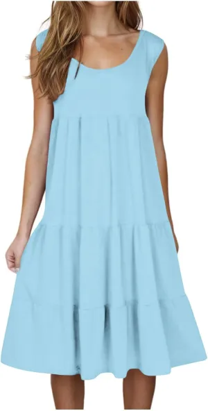 XUNRYAN Womens Tank Dresses Casual Sleeveless Tunic Summer Midi Dress Calf Length Tiered Ruffle Beach Coverup Vacation Outfit