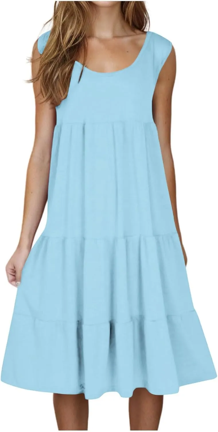 XUNRYAN Womens Tank Dresses Casual Sleeveless Tunic Summer Midi Dress Calf Length Tiered Ruffle Beach Coverup Vacation Outfit