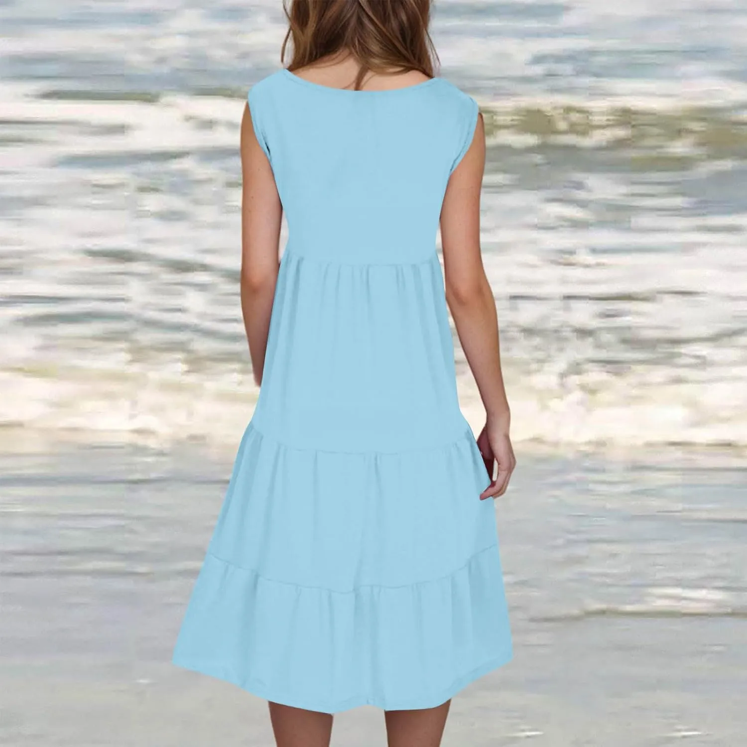 XUNRYAN Womens Tank Dresses Casual Sleeveless Tunic Summer Midi Dress Calf Length Tiered Ruffle Beach Coverup Vacation Outfit