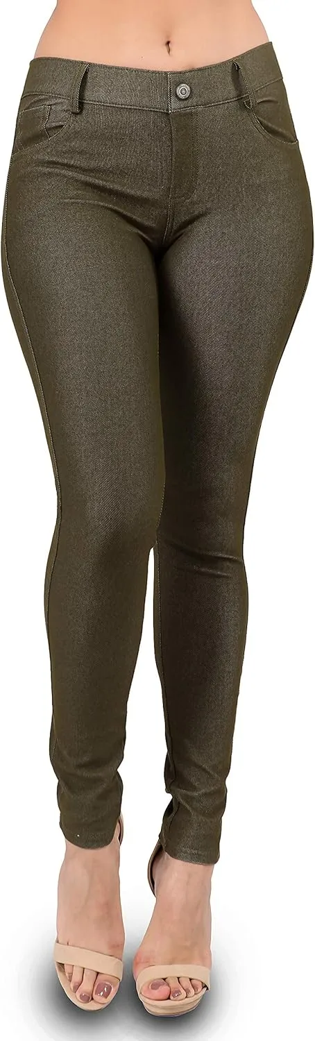 Ylluo Women's Jeggings with Pockets - Skinny Fit Denim Look - High Waisted Stretchy Pull On Pants - Full-Length & Capri