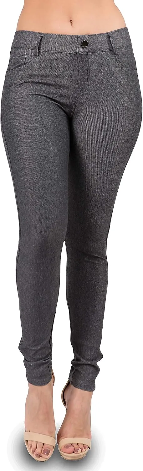 Ylluo Women's Jeggings with Pockets - Skinny Fit Denim Look - High Waisted Stretchy Pull On Pants - Full-Length & Capri