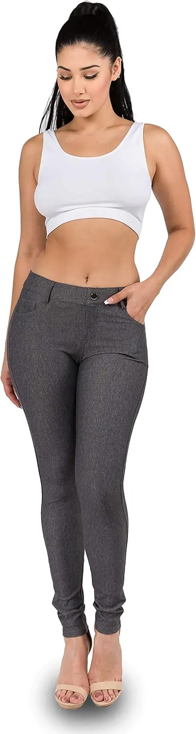 Ylluo Women's Jeggings with Pockets - Skinny Fit Denim Look - High Waisted Stretchy Pull On Pants - Full-Length & Capri