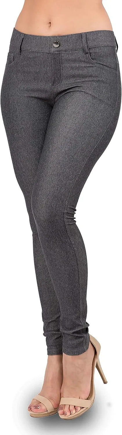 Ylluo Women's Jeggings with Pockets - Skinny Fit Denim Look - High Waisted Stretchy Pull On Pants - Full-Length & Capri