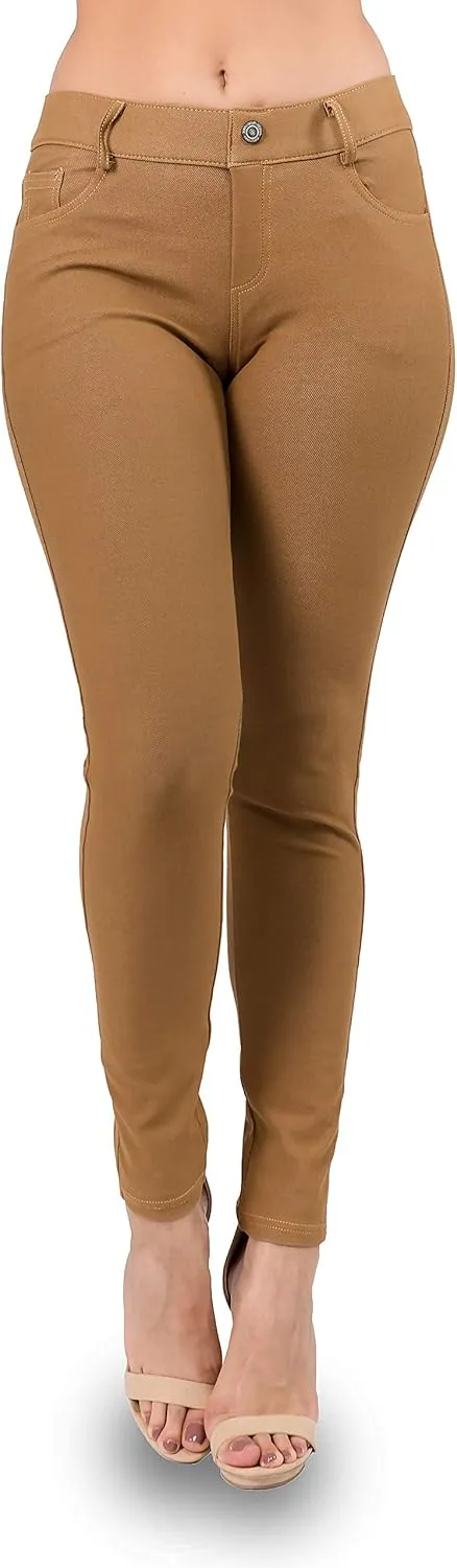 Ylluo Women's Jeggings with Pockets - Skinny Fit Denim Look - High Waisted Stretchy Pull On Pants - Full-Length & Capri