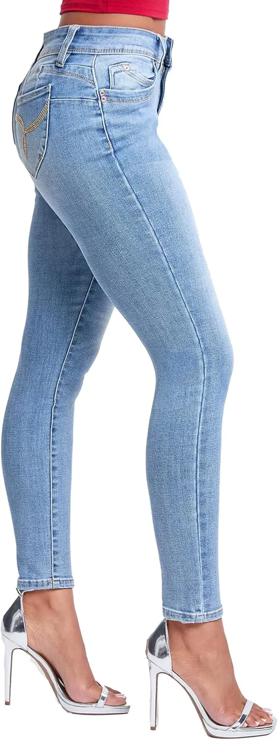 YMI Women's Wannabettabutt Mid Rise Embroidered Skinny Jean