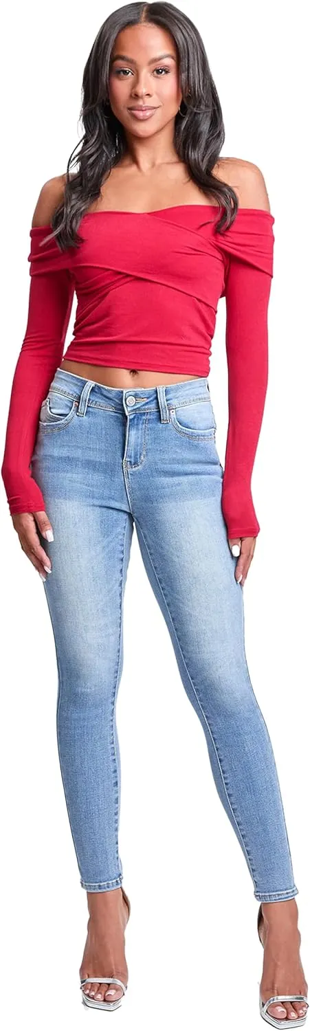 YMI Women's Wannabettabutt Mid Rise Embroidered Skinny Jean