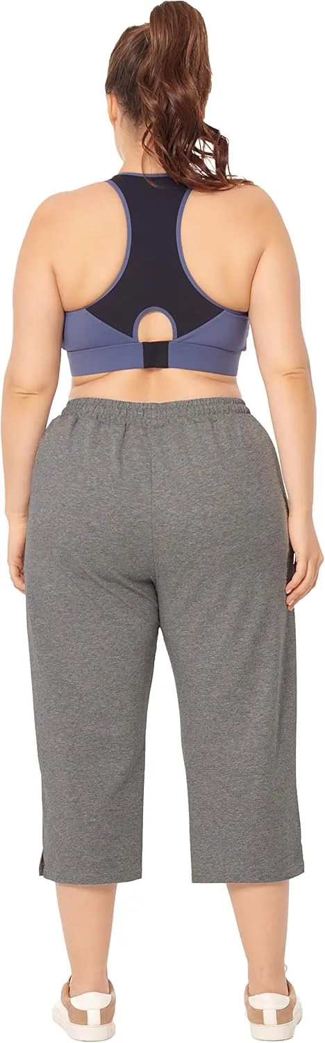 ZERDOCEAN Women's Plus Size Active Yoga Lounge Indoor Jersey Capri Walking Crop Pants with Pockets Drawstring