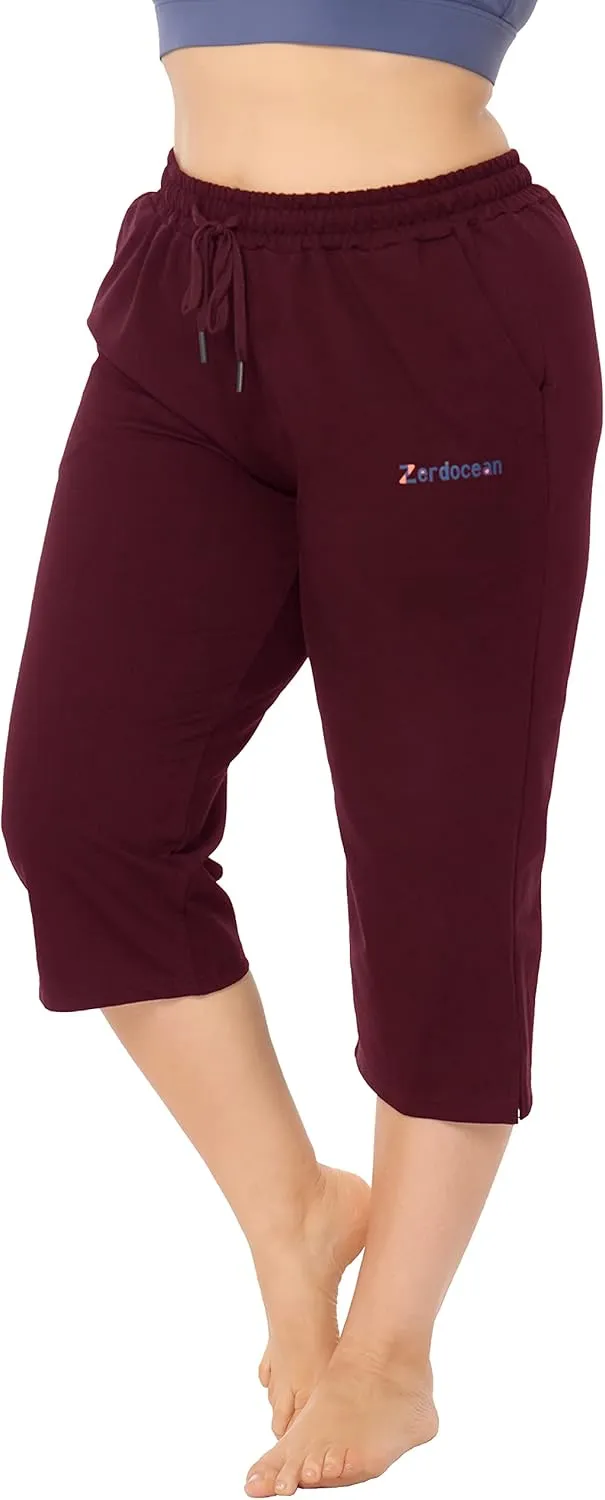 ZERDOCEAN Women's Plus Size Active Yoga Lounge Indoor Jersey Capri Walking Crop Pants with Pockets Drawstring