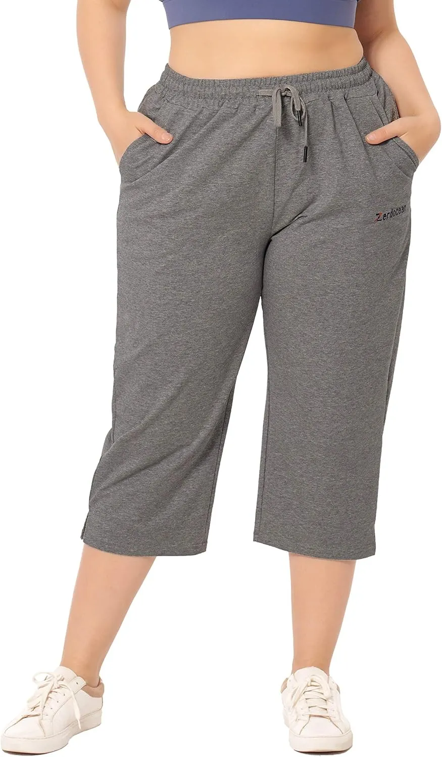 ZERDOCEAN Women's Plus Size Active Yoga Lounge Indoor Jersey Capri Walking Crop Pants with Pockets Drawstring