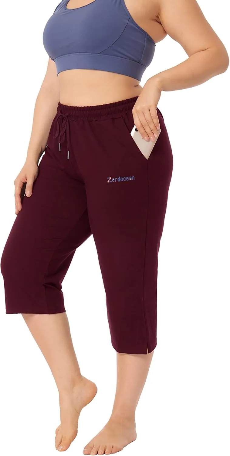 ZERDOCEAN Women's Plus Size Active Yoga Lounge Indoor Jersey Capri Walking Crop Pants with Pockets Drawstring