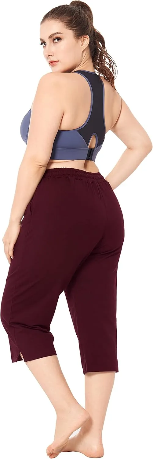 ZERDOCEAN Women's Plus Size Active Yoga Lounge Indoor Jersey Capri Walking Crop Pants with Pockets Drawstring