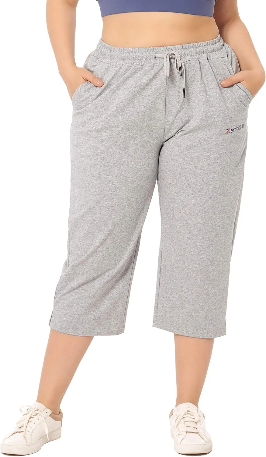 ZERDOCEAN Women's Plus Size Active Yoga Lounge Indoor Jersey Capri Walking Crop Pants with Pockets Drawstring