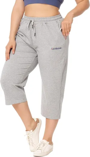 ZERDOCEAN Women's Plus Size Active Yoga Lounge Indoor Jersey Capri Walking Crop Pants with Pockets Drawstring