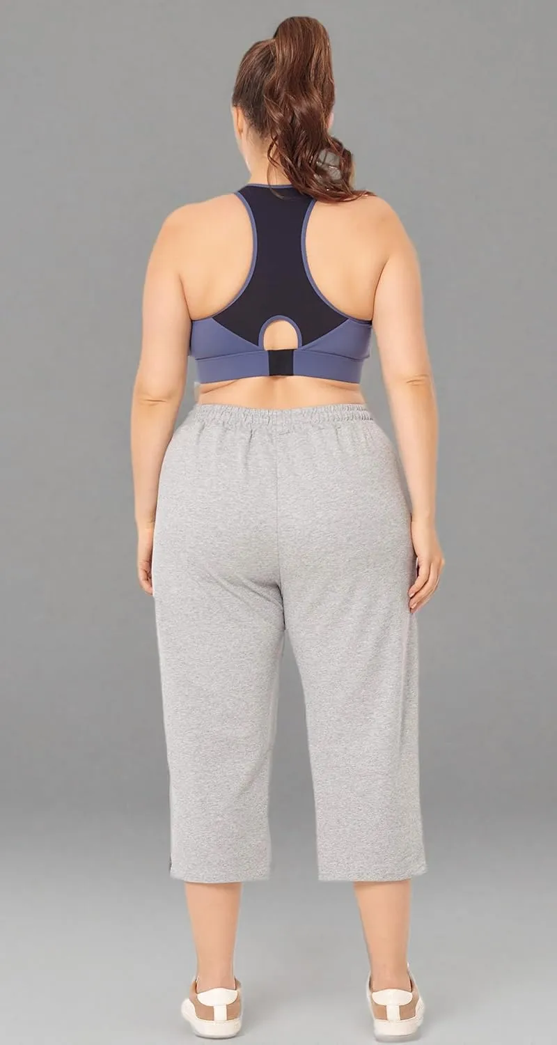ZERDOCEAN Women's Plus Size Active Yoga Lounge Indoor Jersey Capri Walking Crop Pants with Pockets Drawstring
