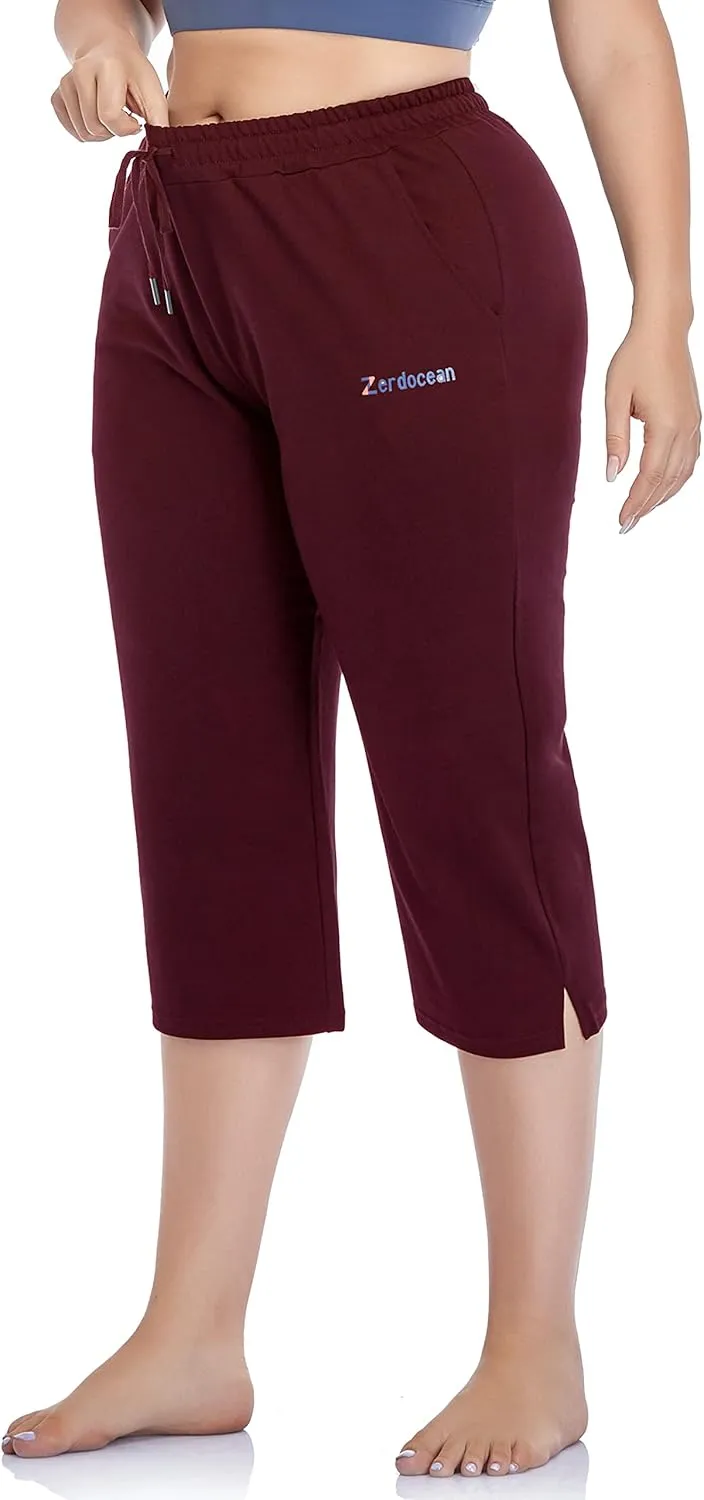 ZERDOCEAN Women's Plus Size Active Yoga Lounge Indoor Jersey Capri Walking Crop Pants with Pockets Drawstring