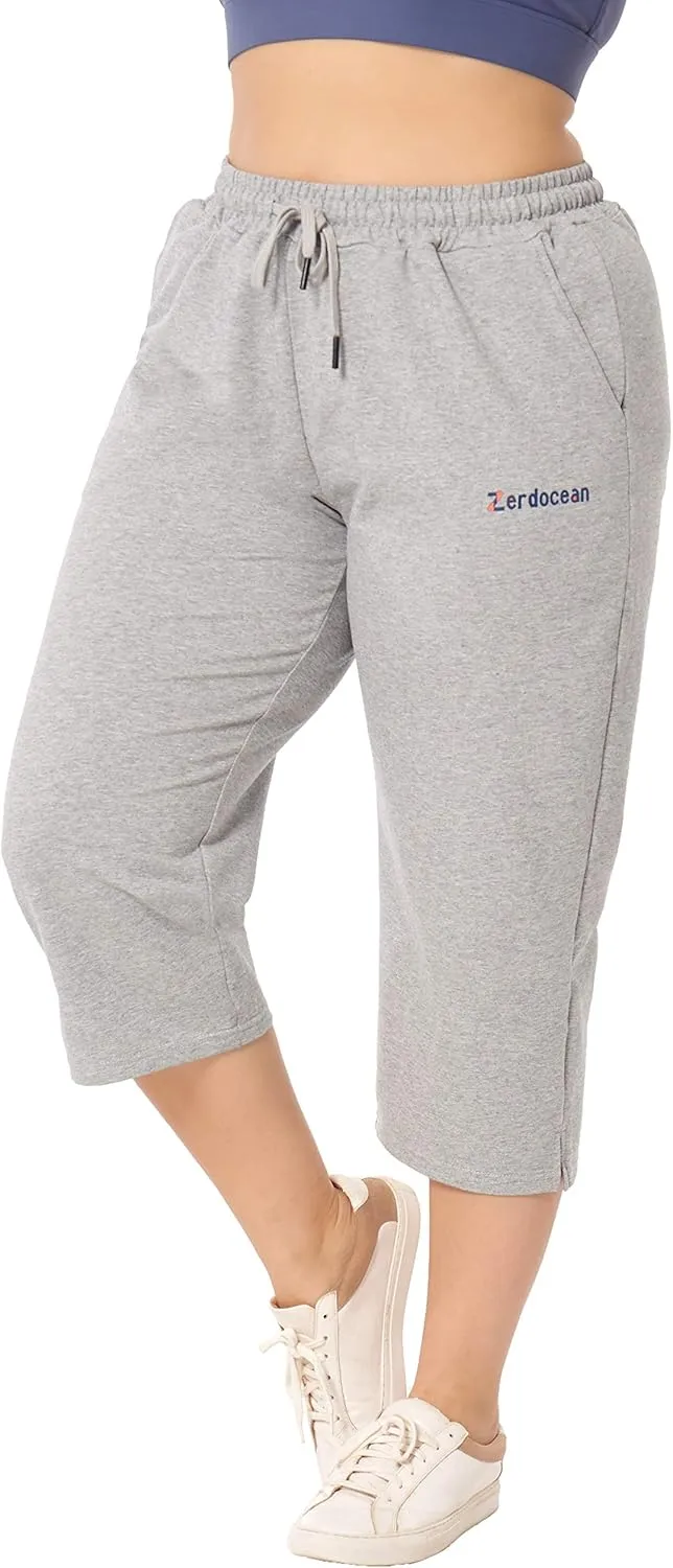 ZERDOCEAN Women's Plus Size Active Yoga Lounge Indoor Jersey Capri Walking Crop Pants with Pockets Drawstring