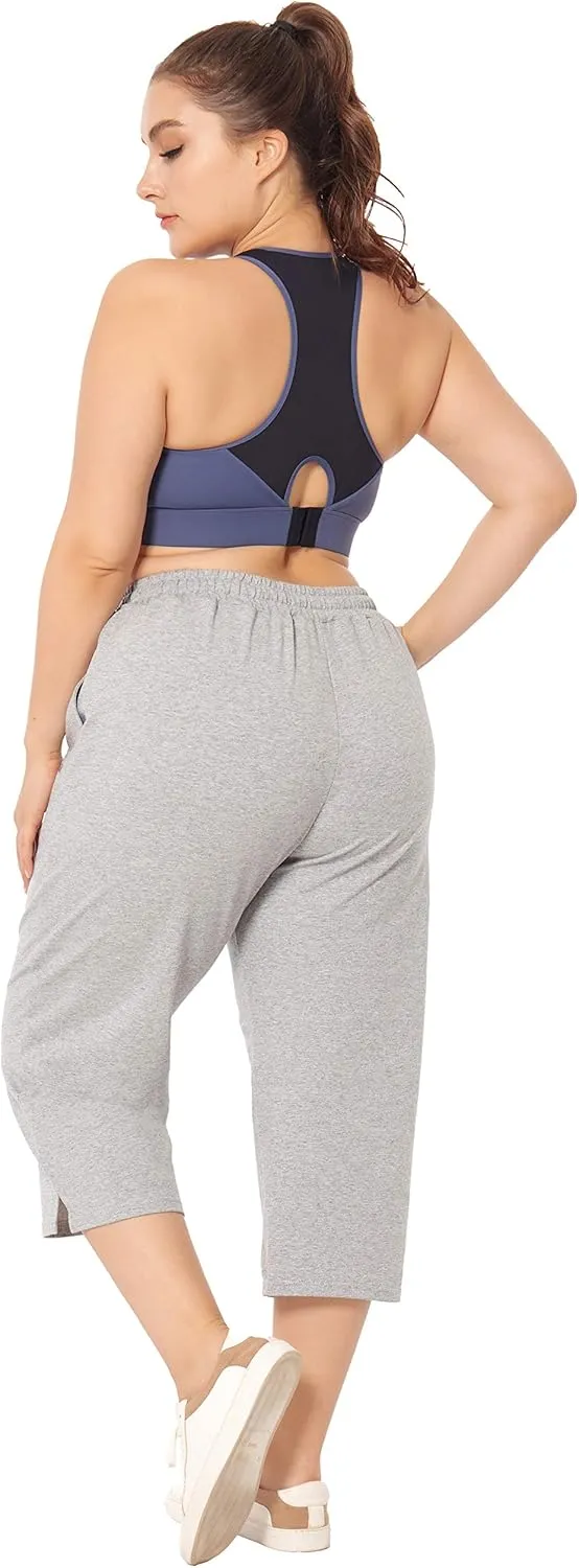 ZERDOCEAN Women's Plus Size Active Yoga Lounge Indoor Jersey Capri Walking Crop Pants with Pockets Drawstring