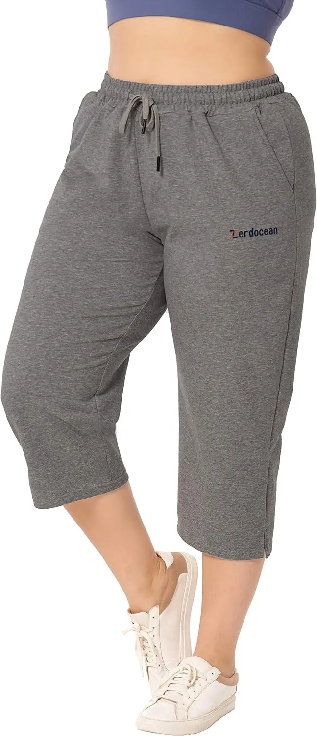 ZERDOCEAN Women's Plus Size Active Yoga Lounge Indoor Jersey Capri Walking Crop Pants with Pockets Drawstring
