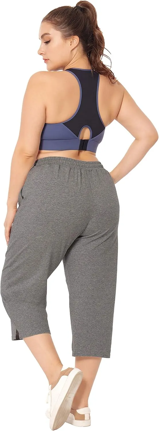 ZERDOCEAN Women's Plus Size Active Yoga Lounge Indoor Jersey Capri Walking Crop Pants with Pockets Drawstring