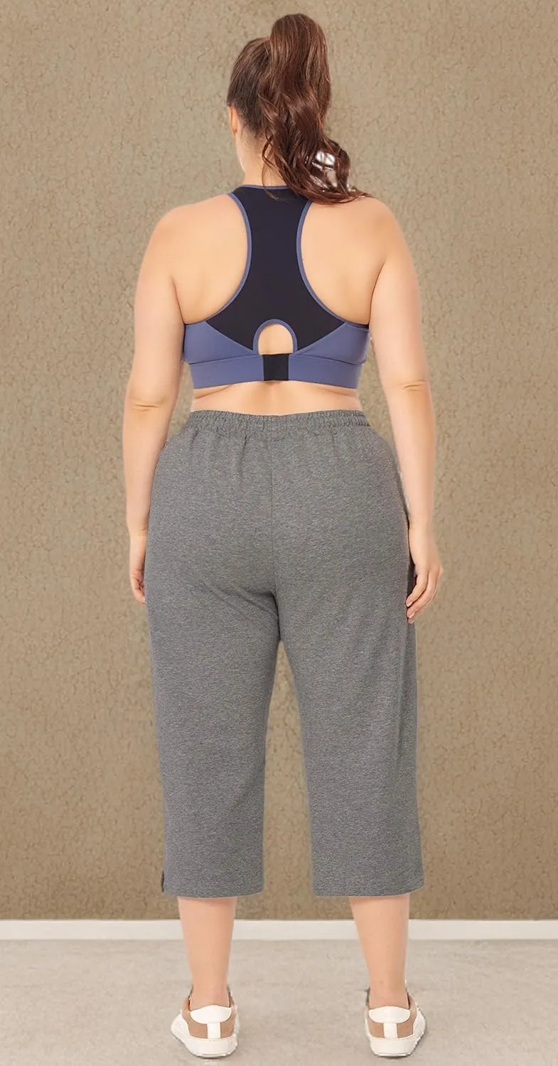 ZERDOCEAN Women's Plus Size Active Yoga Lounge Indoor Jersey Capri Walking Crop Pants with Pockets Drawstring
