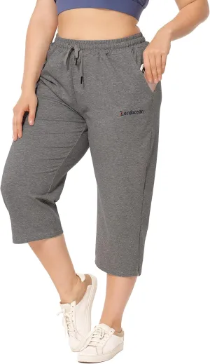 ZERDOCEAN Women's Plus Size Active Yoga Lounge Indoor Jersey Capri Walking Crop Pants with Pockets Drawstring