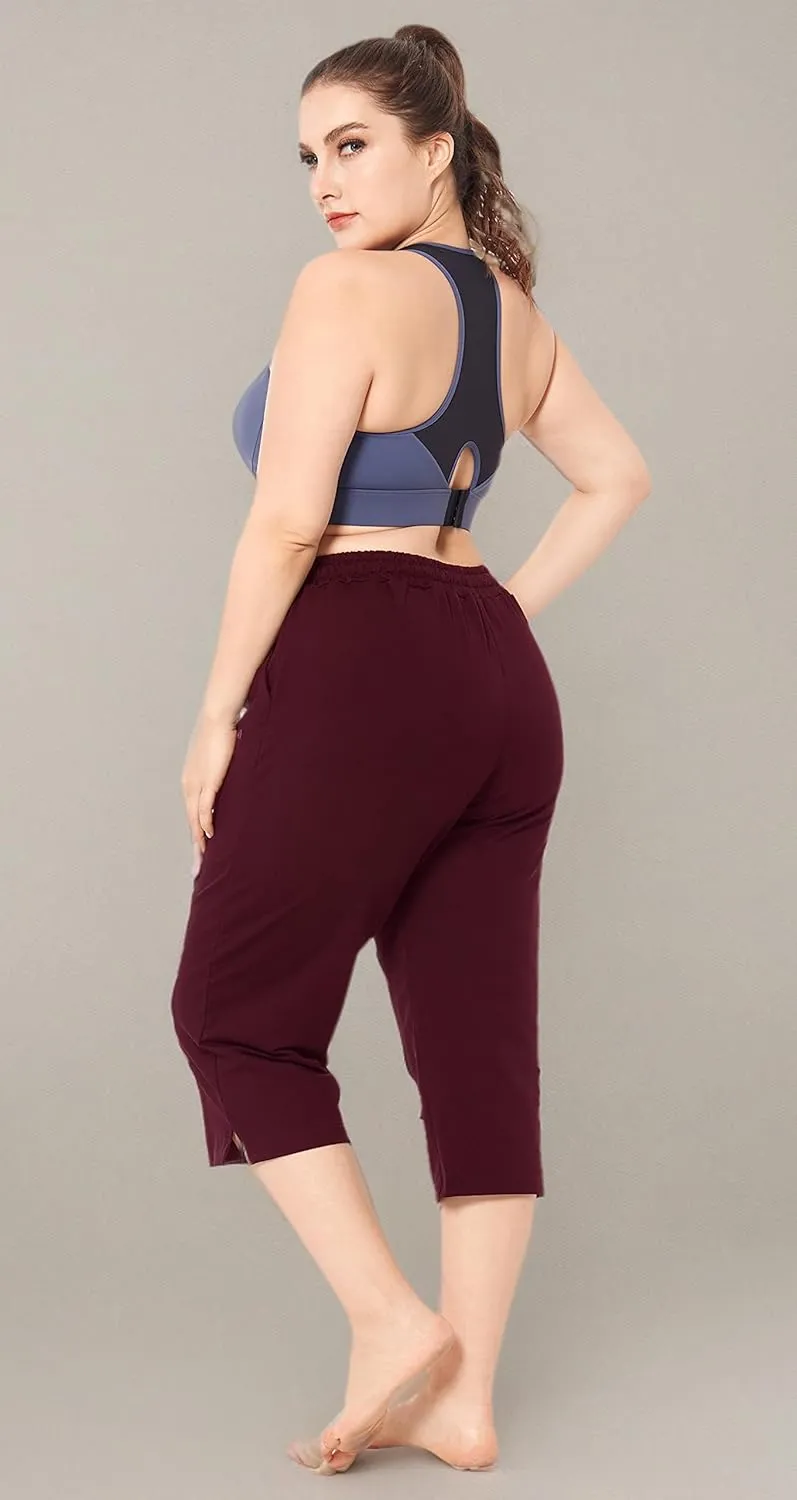 ZERDOCEAN Women's Plus Size Active Yoga Lounge Indoor Jersey Capri Walking Crop Pants with Pockets Drawstring