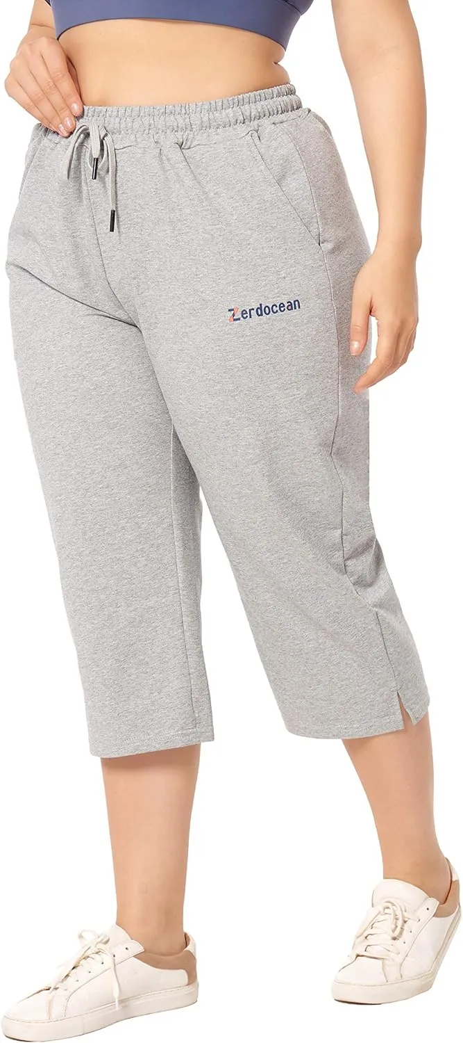 ZERDOCEAN Women's Plus Size Active Yoga Lounge Indoor Jersey Capri Walking Crop Pants with Pockets Drawstring