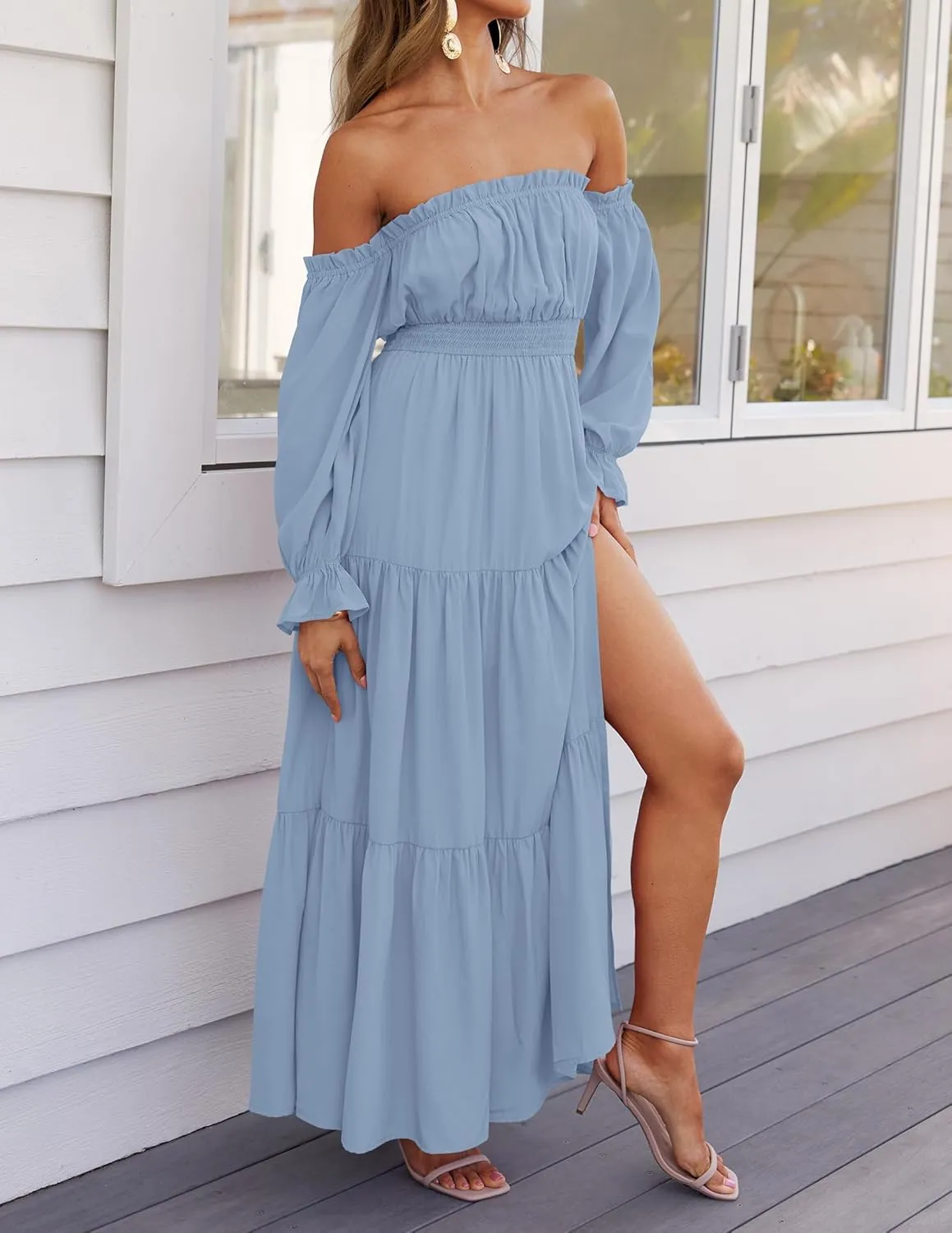 ZESICA Women's 2025 Boho Sexy Off Shoulder Long Sleeve Smocked High Waist Side Split Flowy A Line Tiered Long Maxi Dress