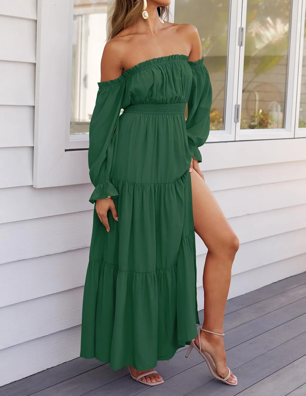 ZESICA Women's 2025 Boho Sexy Off Shoulder Long Sleeve Smocked High Waist Side Split Flowy A Line Tiered Long Maxi Dress