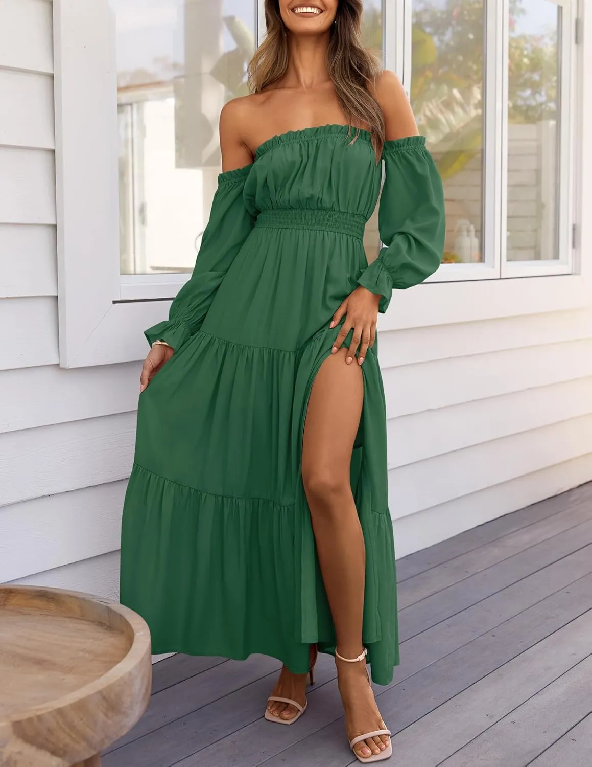 ZESICA Women's 2025 Boho Sexy Off Shoulder Long Sleeve Smocked High Waist Side Split Flowy A Line Tiered Long Maxi Dress