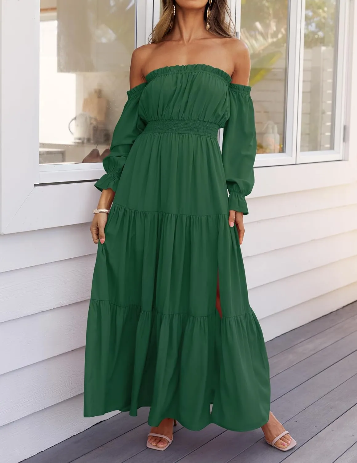 ZESICA Women's 2025 Boho Sexy Off Shoulder Long Sleeve Smocked High Waist Side Split Flowy A Line Tiered Long Maxi Dress