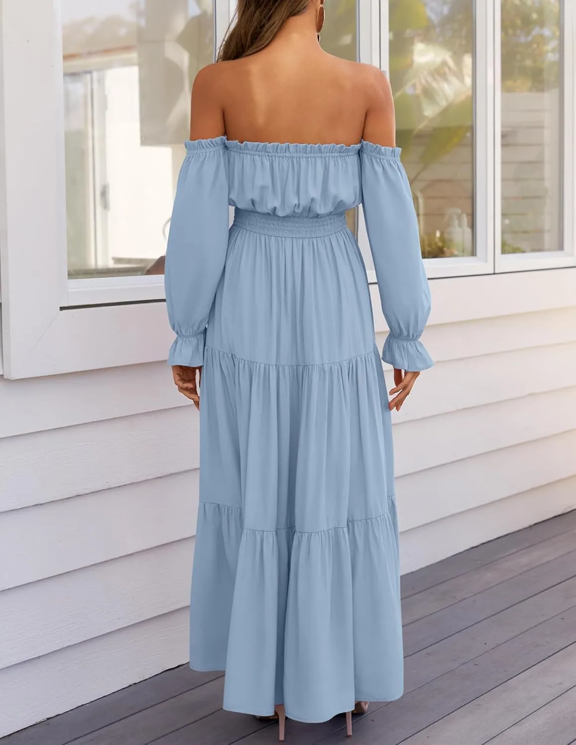 ZESICA Women's 2025 Boho Sexy Off Shoulder Long Sleeve Smocked High Waist Side Split Flowy A Line Tiered Long Maxi Dress