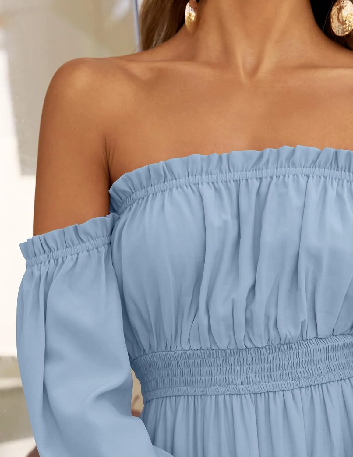 ZESICA Women's 2025 Boho Sexy Off Shoulder Long Sleeve Smocked High Waist Side Split Flowy A Line Tiered Long Maxi Dress